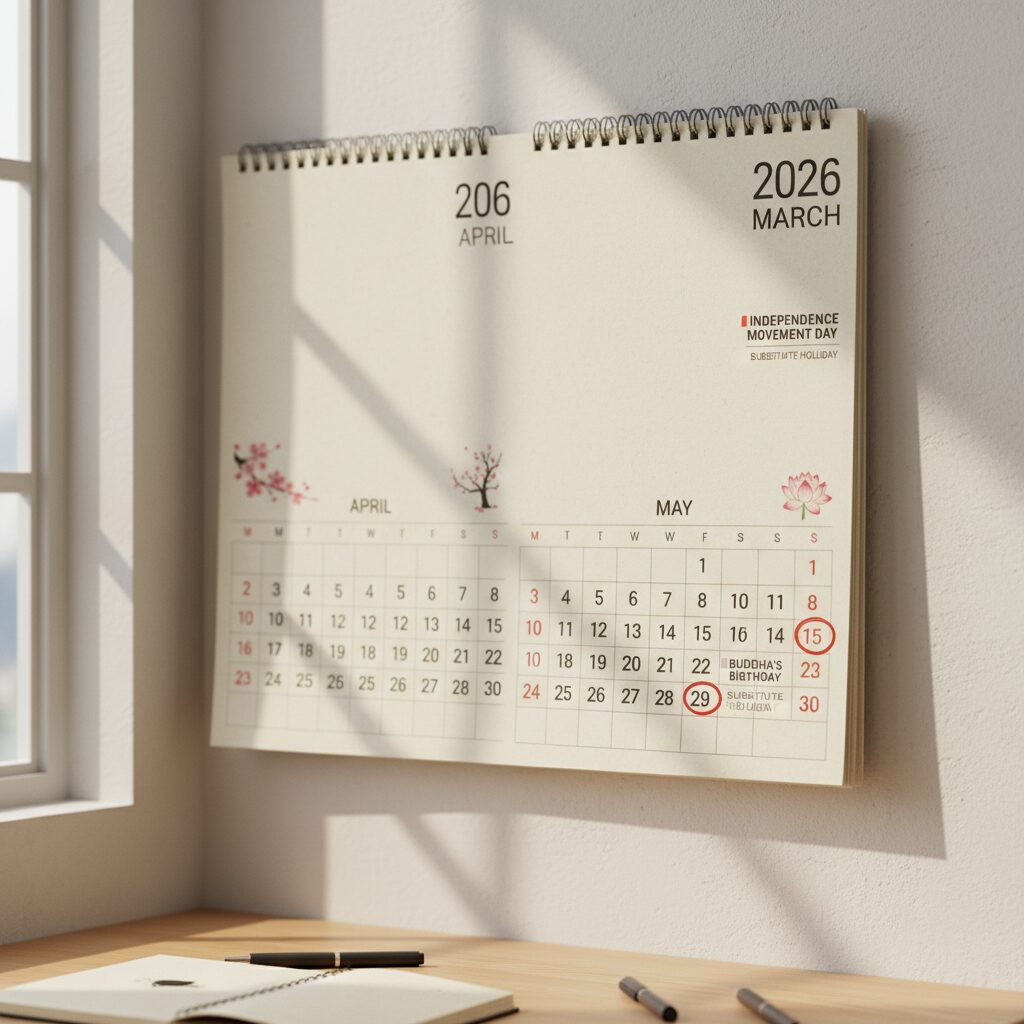 2026년 봄 공휴일 달력에 삼일절과 부처님오신날 대체휴일 표시