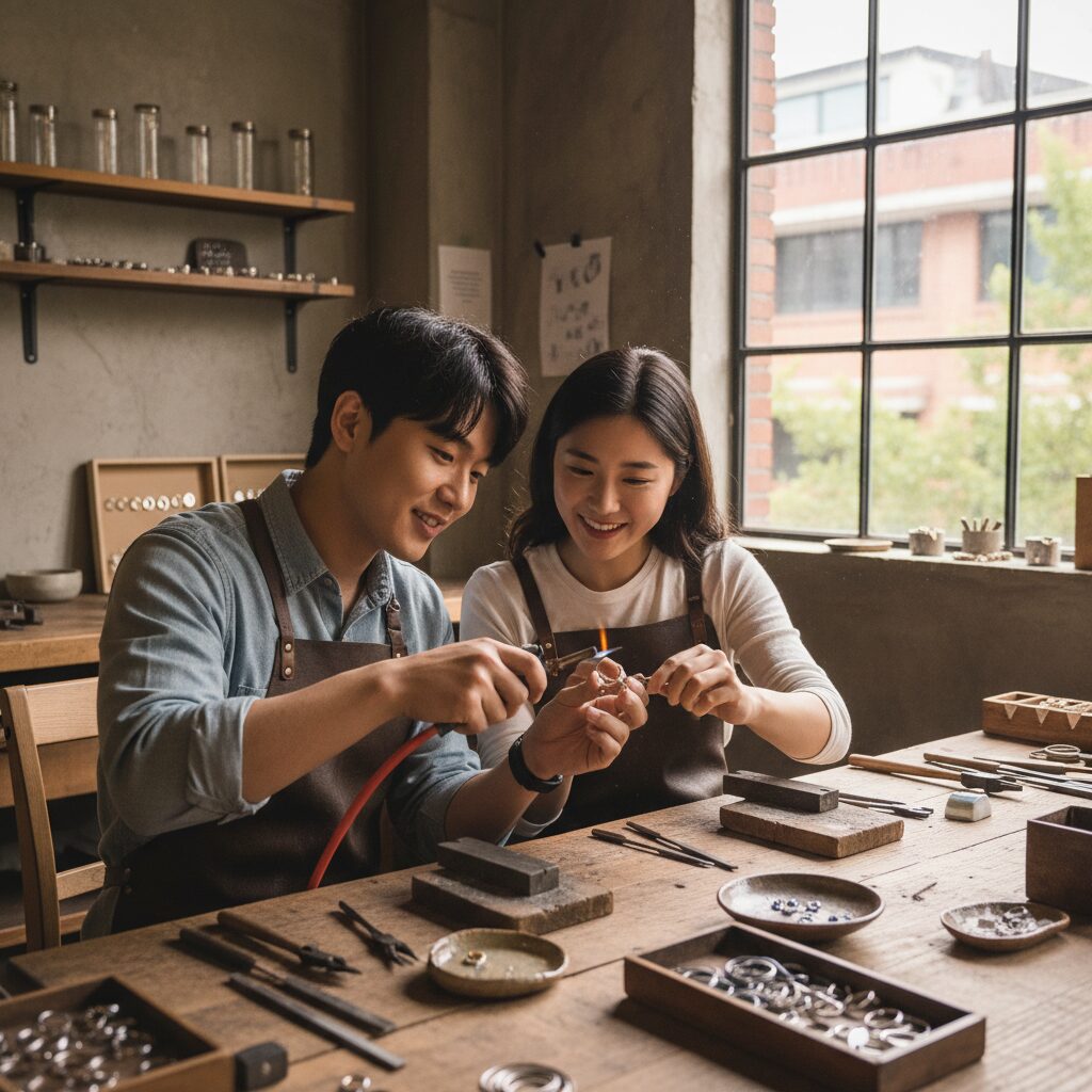 성수동 아뜰리에호수 반지공방에서 커플이 함께 반지를 만드는 모습