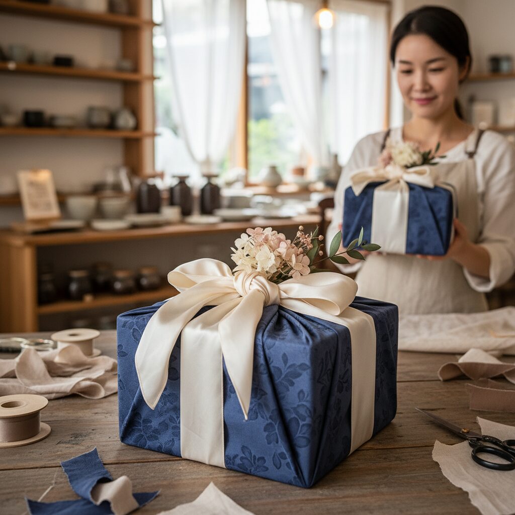 카페앳홈 보자기 포장 클래스 완성된 선물 박스와 리본