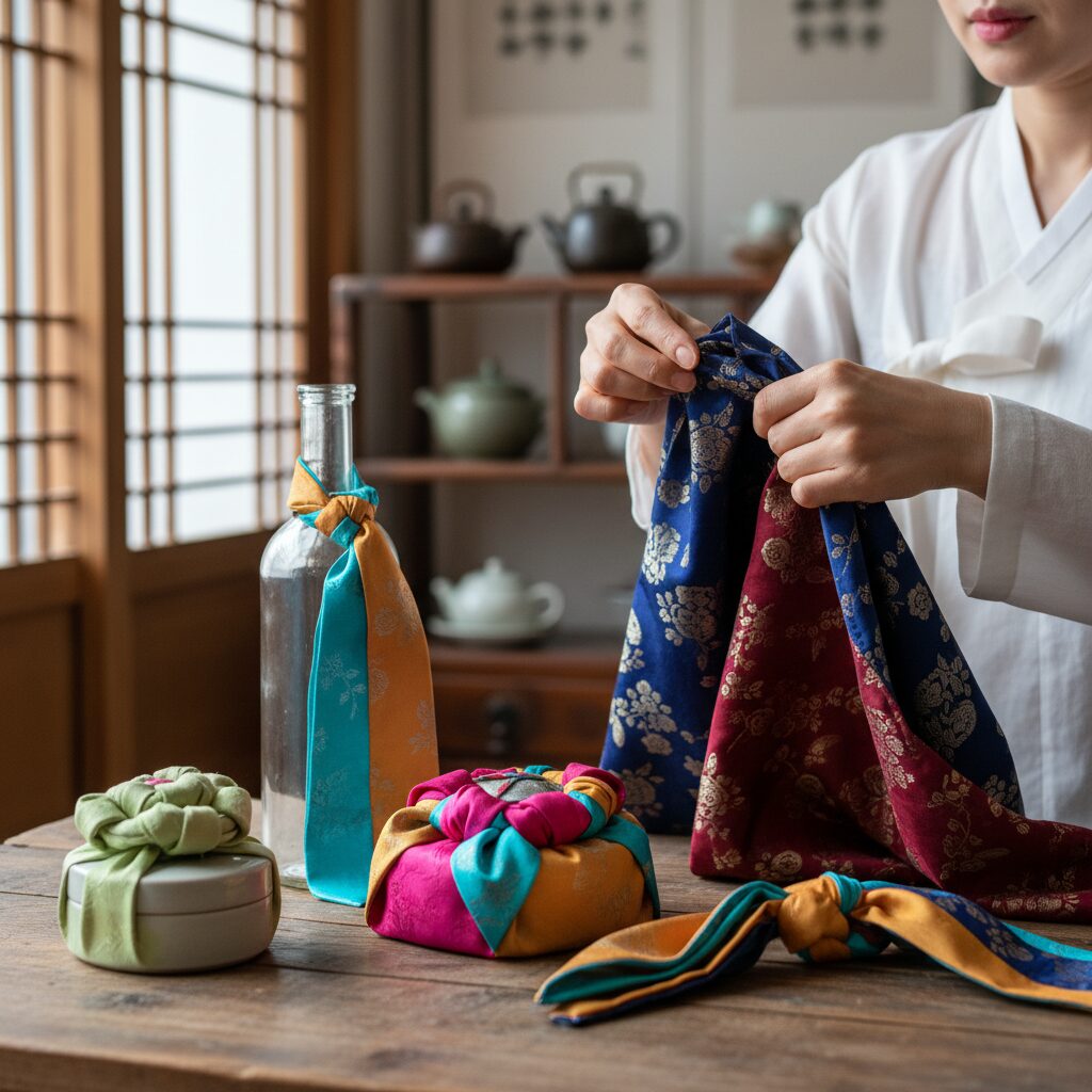 보자기로 다양한 매듭을 짓는 손동작과 완성된 모습