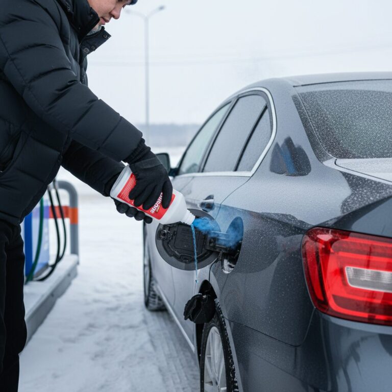 겨울철 차량 연료탱크에 불스원샷 동결방지제 추가하는 모습