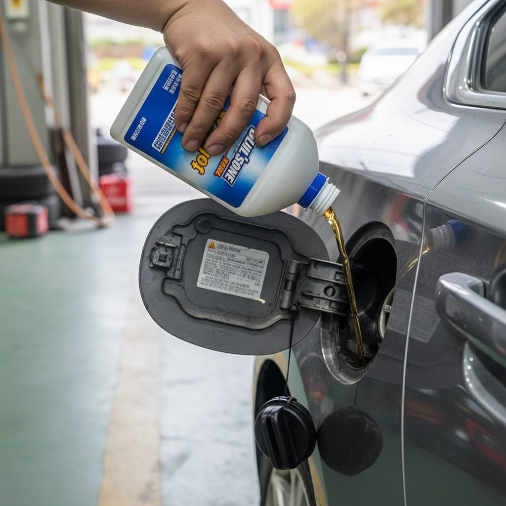 차량 연료탱크 주입구에 불스원샷 수분제거제를 붓는 손의 사진