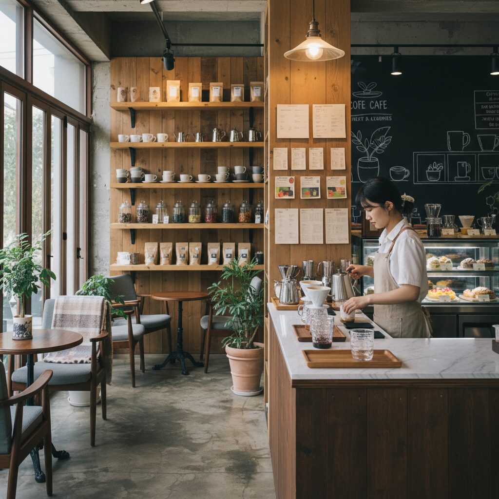 카페앳홈 내부 인테리어와 진열된 홈카페 소품들