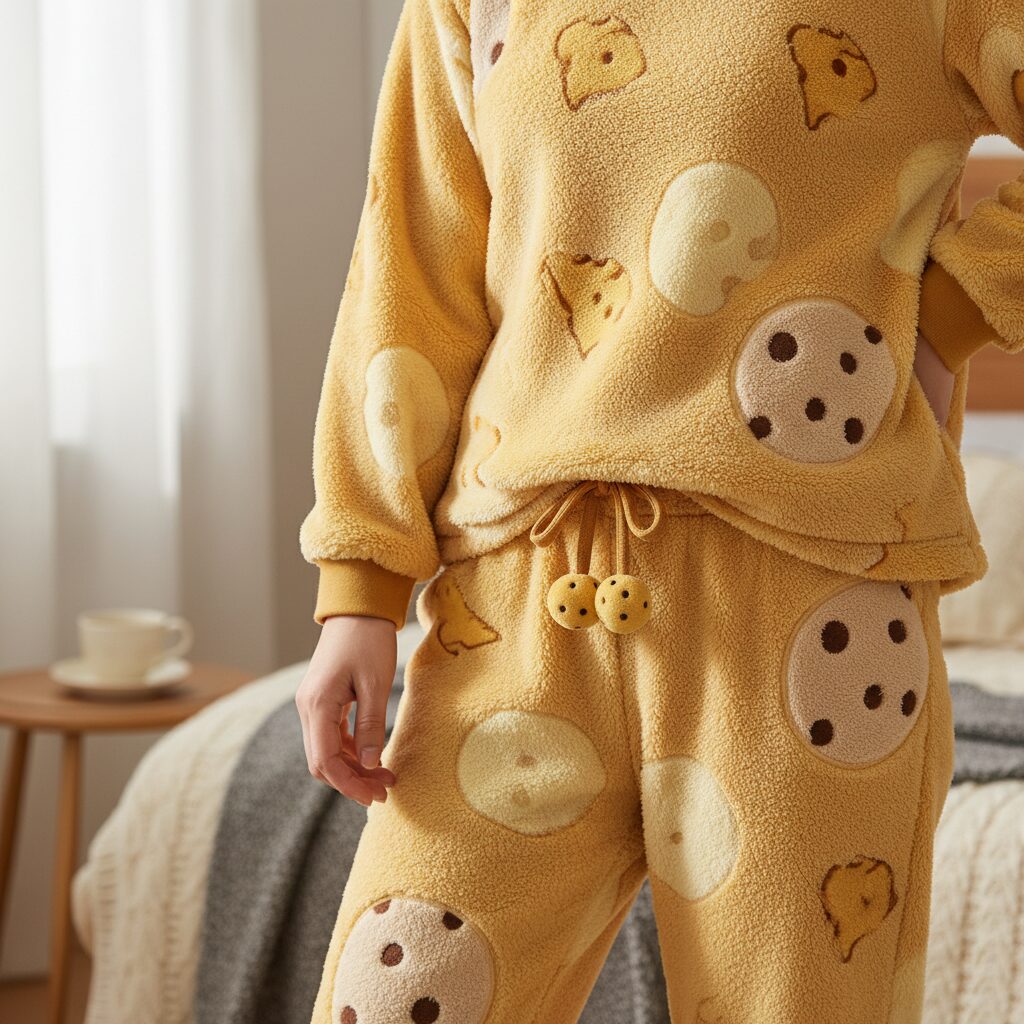 치즈 수면잠옷의 기모 소재와 디자인 디테일 클로즈업 사진