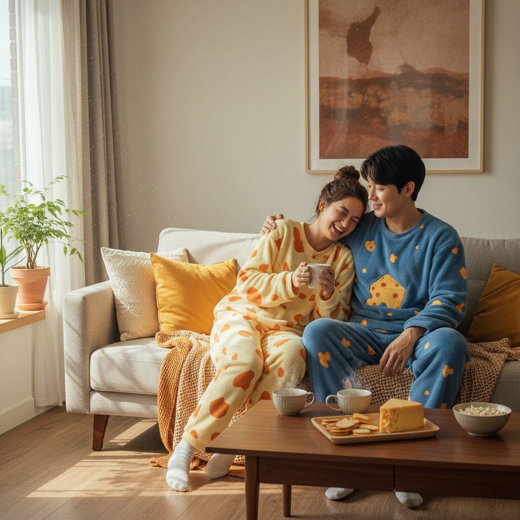 치즈 커플 수면잠옷을 입고 거실에서 휴식하는 커플