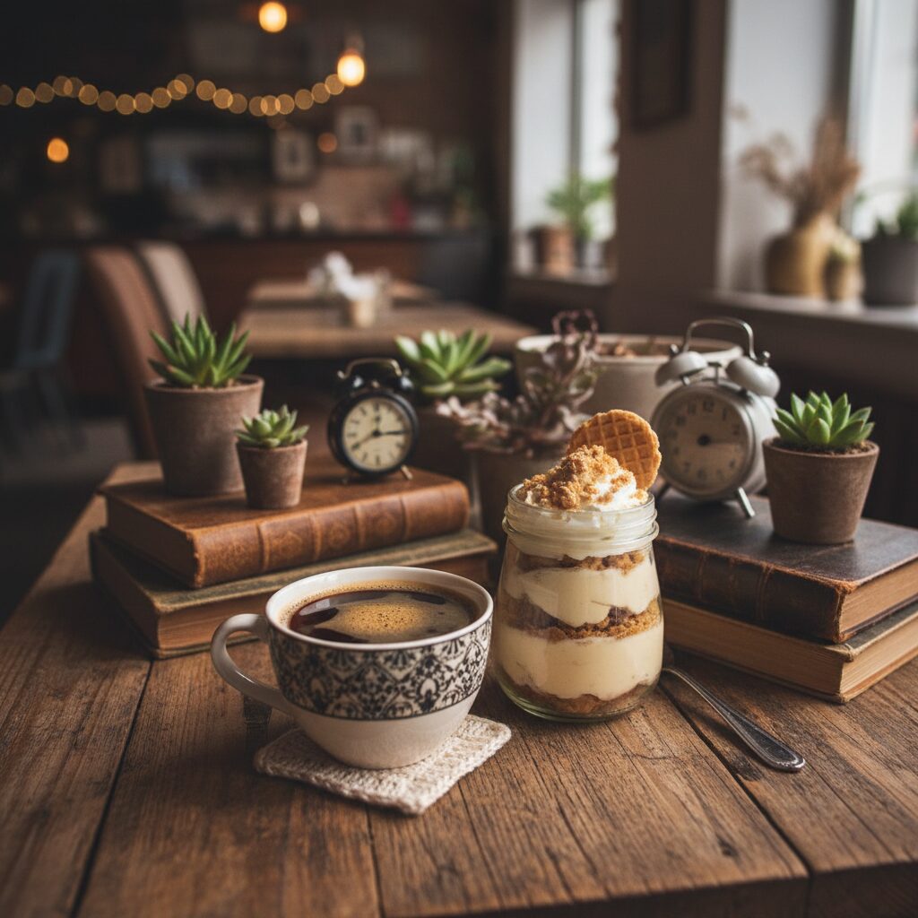 아기자기하게 꾸며진 카페 테이블 위에 진한 커피와 바나나 푸딩이 놓여 있음