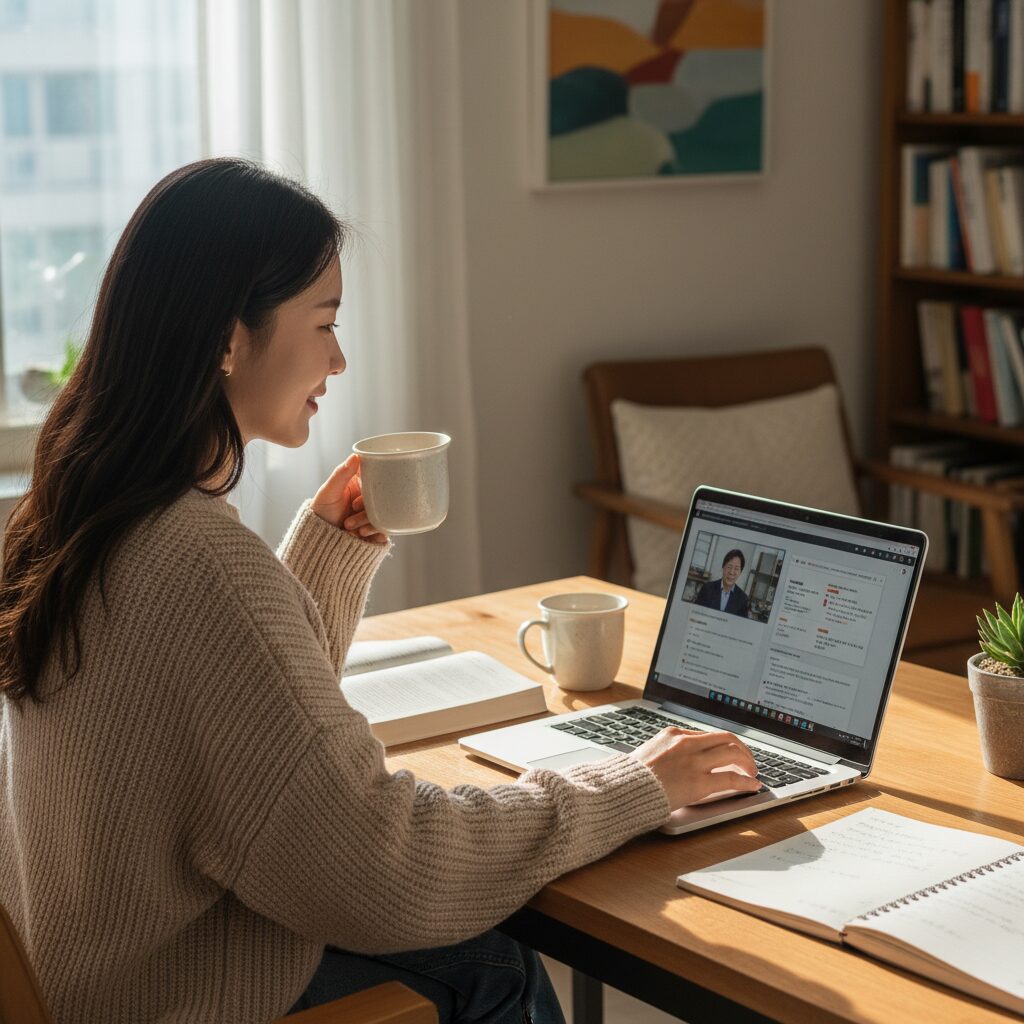노트북으로 학점은행제 강의를 수강하는 여성의 모습