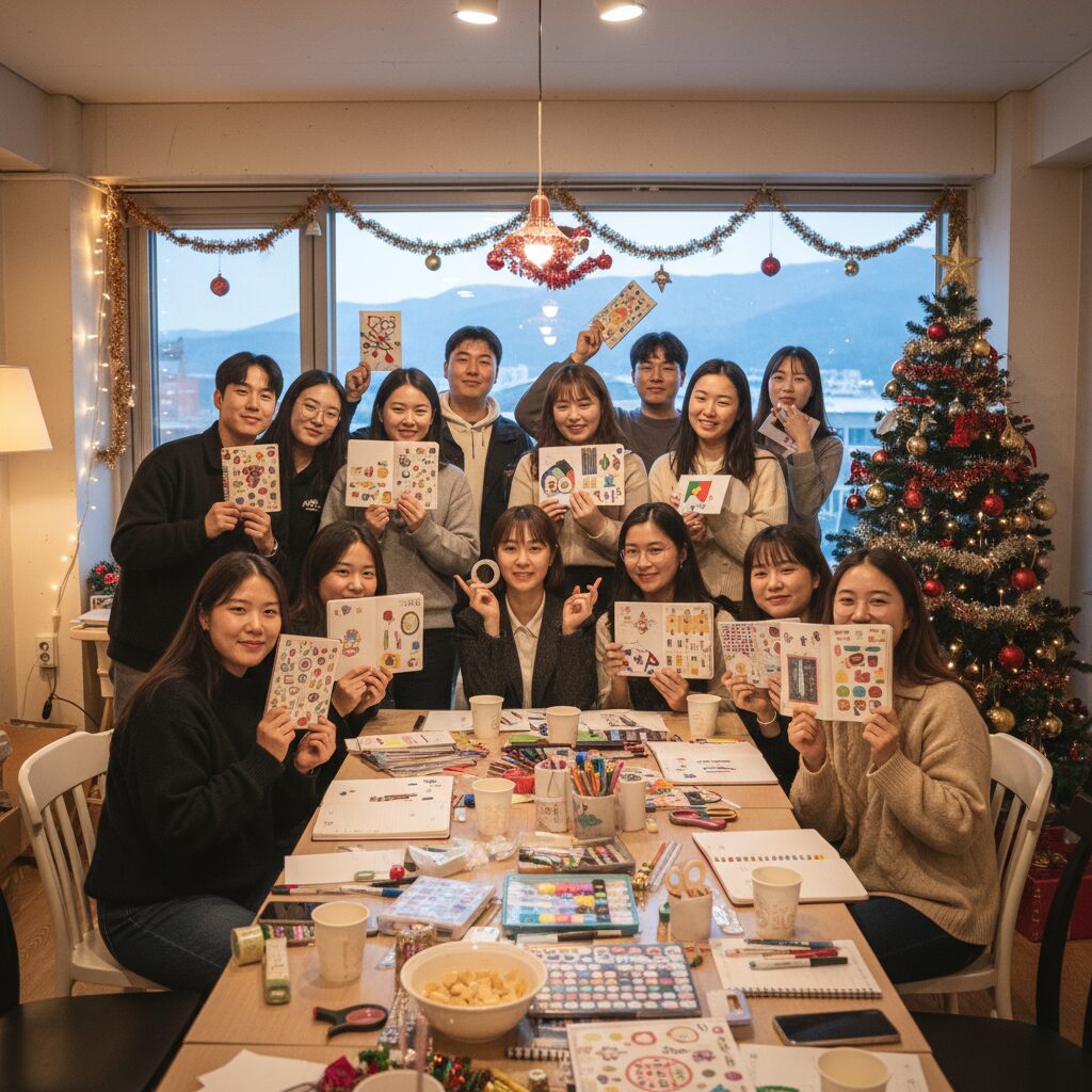 속초 파티룸에서 크리스마스 다꾸 모임 멤버들이 함께 찍은 단체 사진