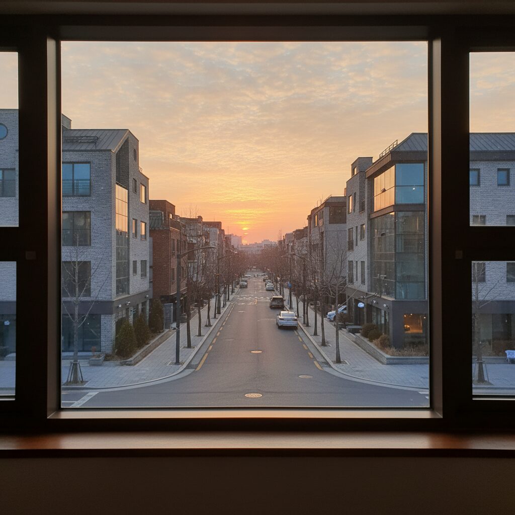 창문 너로 보이는 오렌지색 새벽 하늘과 고요한 거리 사진