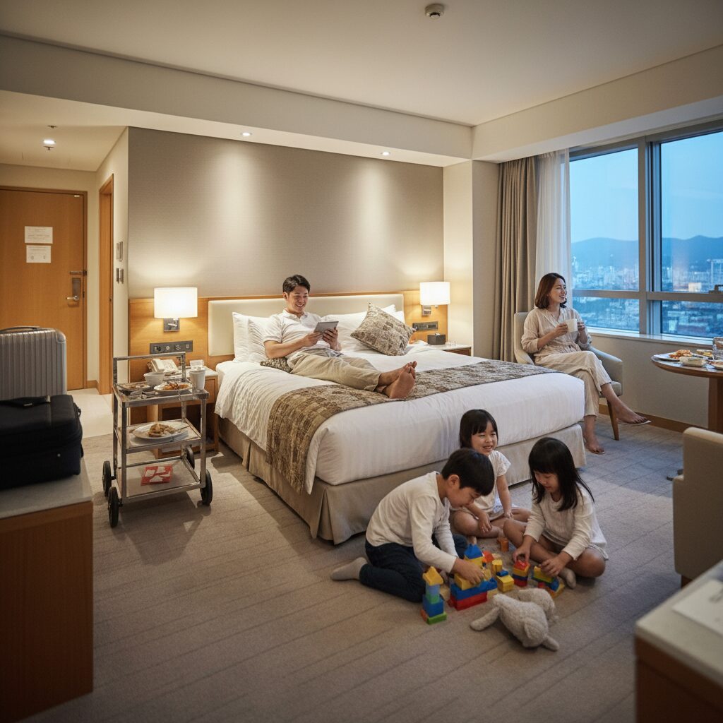 가족이 호텔 객실에서 편안하게 쉬고 있는 실제 투숙객 리뷰 사진