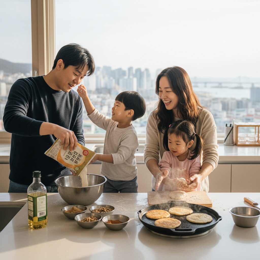 부산 숙소에서 가족이 함께 호떡 믹스로 호떡을 만드는 모습