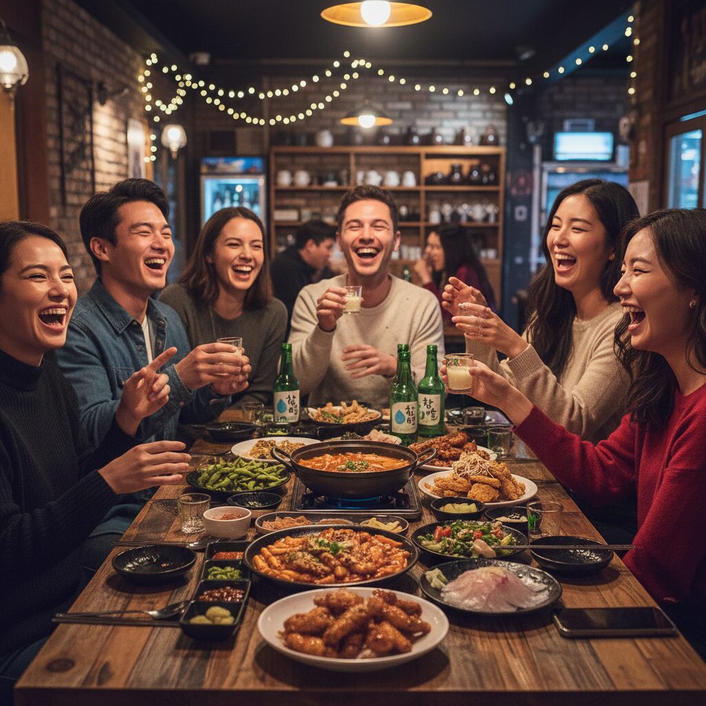 여러 가지 안주가 가득한 식탁과 함께 웃고 있는 친구들의 모습