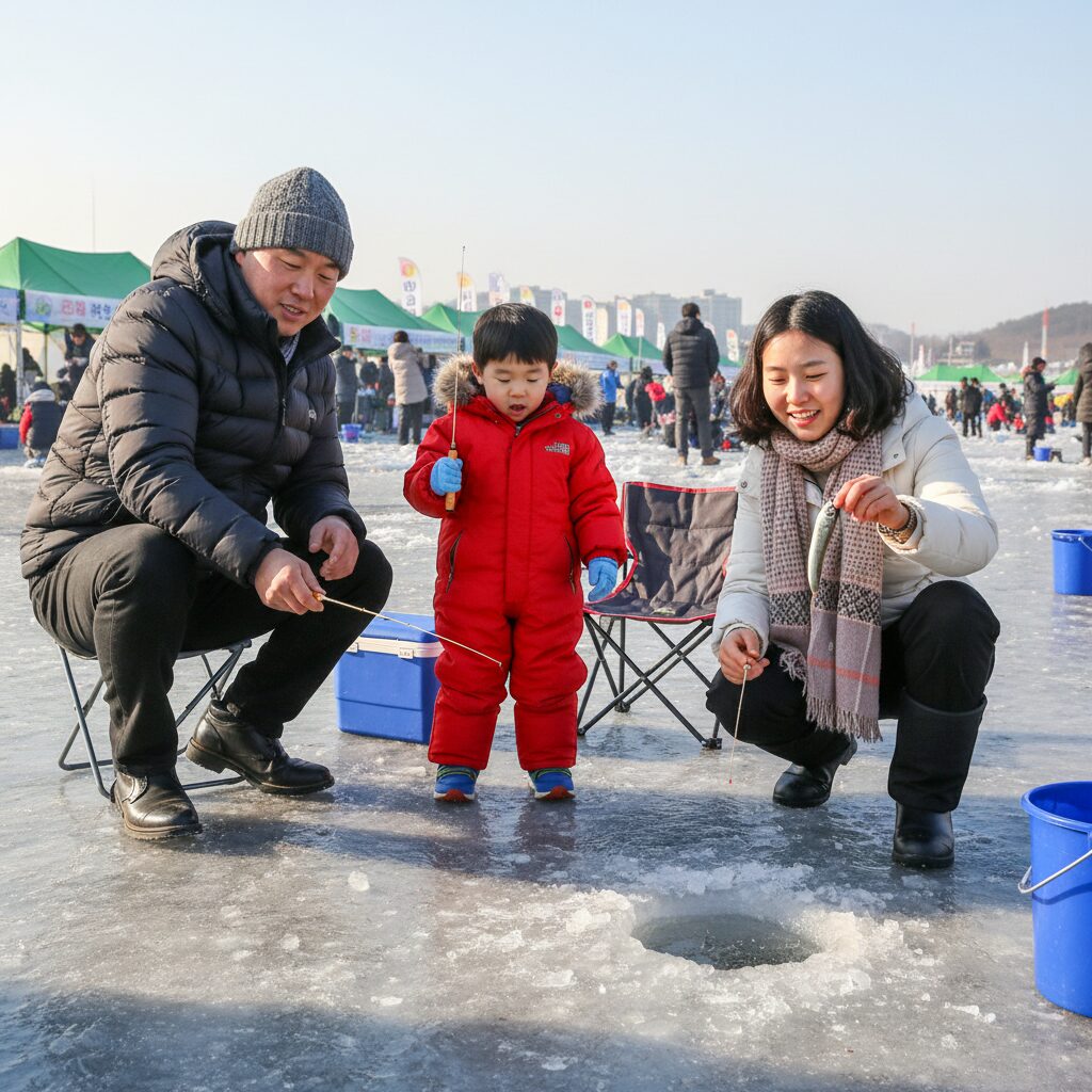 강화 길상빙어축제에서 가족이 함께 빙어를 낚고 있는 모습