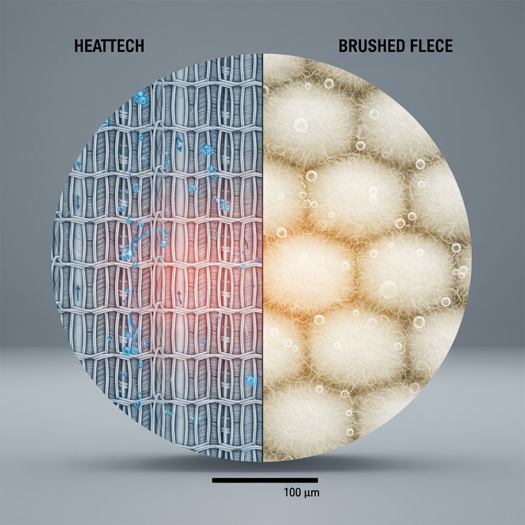 히트텍 소재와 기모 소재의 현미경적 구조 비교 다이어그램