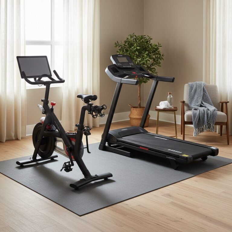 거실 한켠에 잘 정리된 실내 자전거와 런닝머신 사진