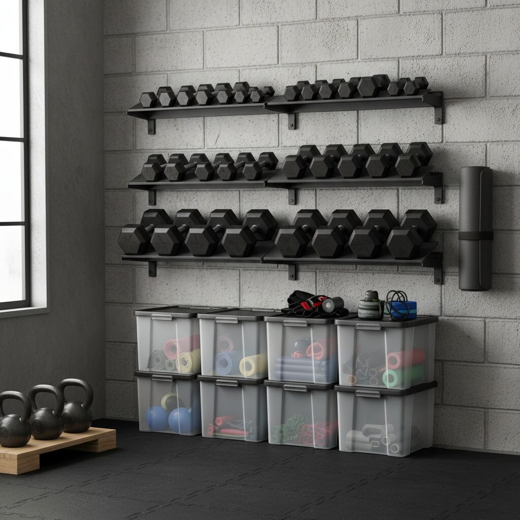 벽면 랙과 박스를 이용해 덤벨과 운동용품을 깔끔하게 정리한 홈짐 사진