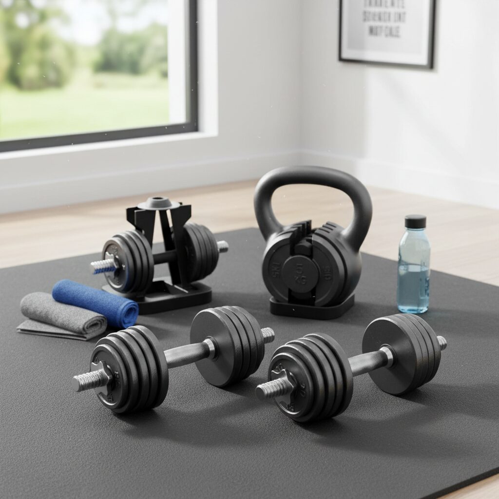 홈트레이닝용 조절 가능한 덤벨과 케틀벨 세트가 정리된 사진
