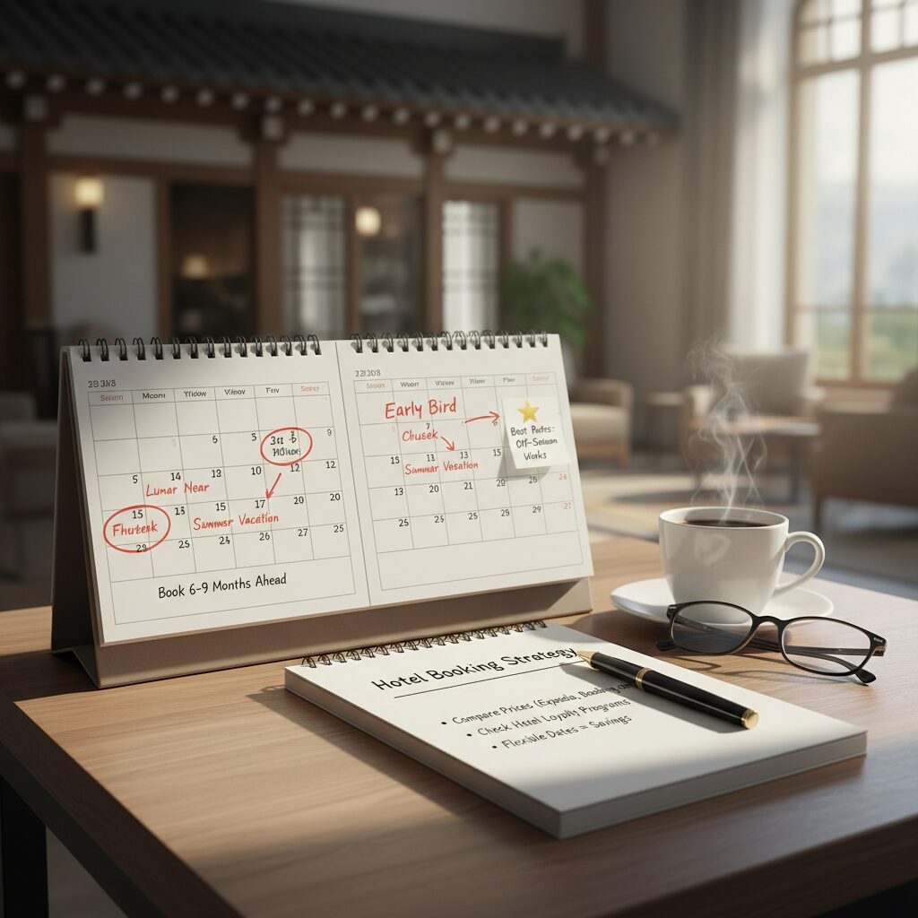 명절 호텔 예약 최적 타이밍을 표시한 달력과 노트