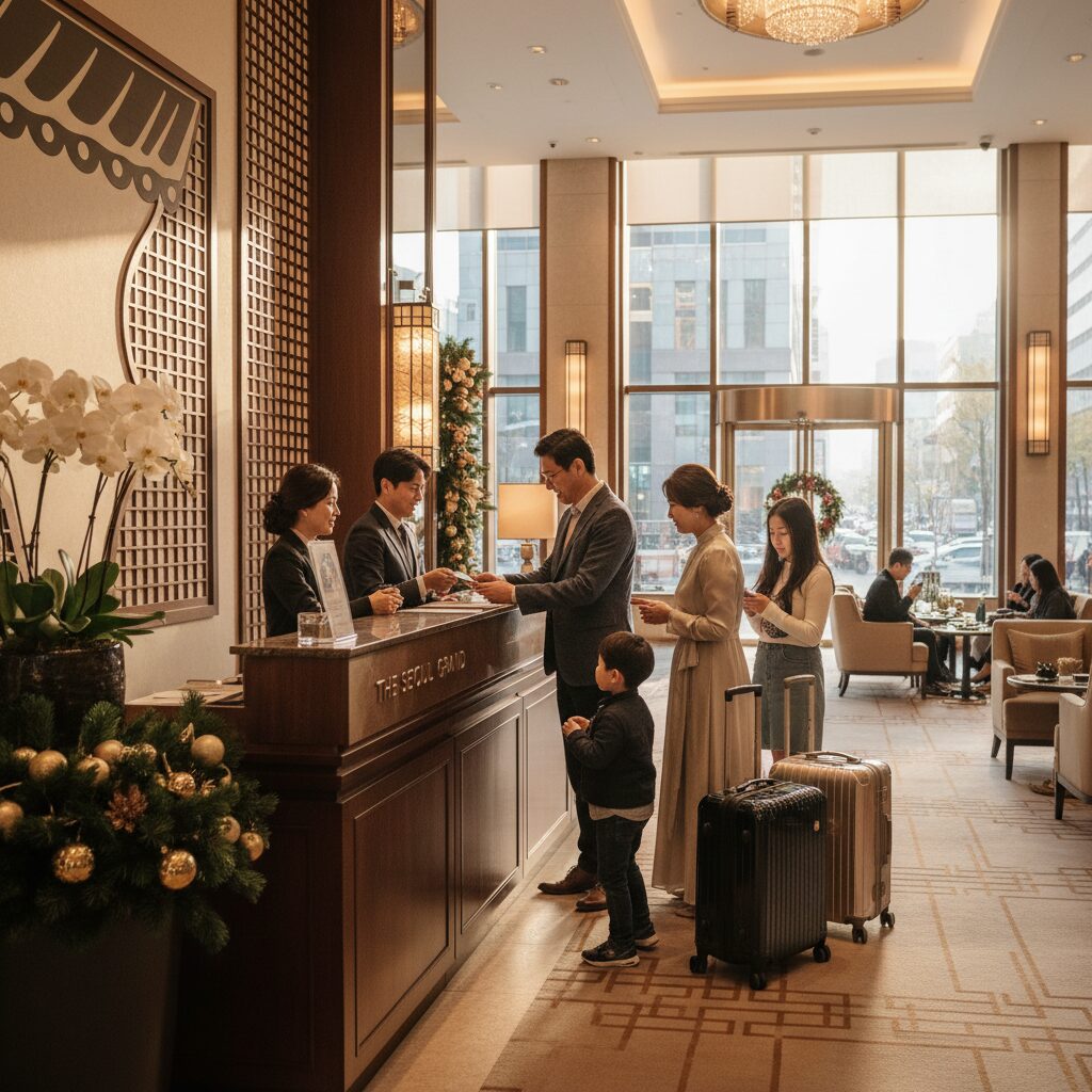 명절에 호텔 로비에서 가족이 체크인을 하고 있는 모습