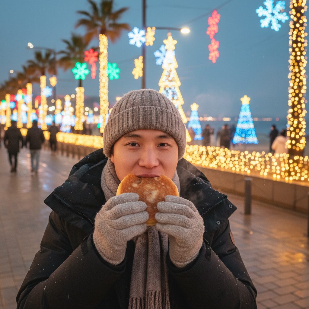 해운대 빛축제 배경 앞에서 따뜻한 호떡을 먹는 모습