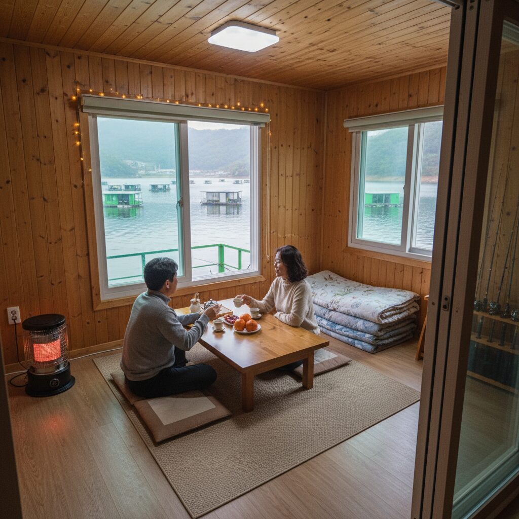 황청낚시터의 아늑한 2인용 방갈로 내부 전경