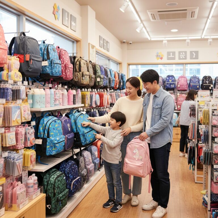 아이가 부모와 함께 매장에서 책가방을 고르고 있는 현장 사진