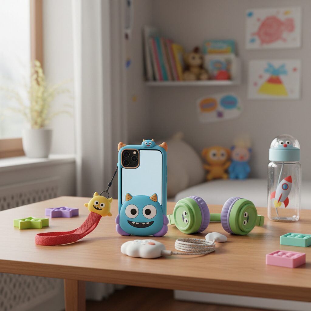 귀여운 캐릭터 디자인의 키즈폰과 액세서리가 놓여 있는 사진