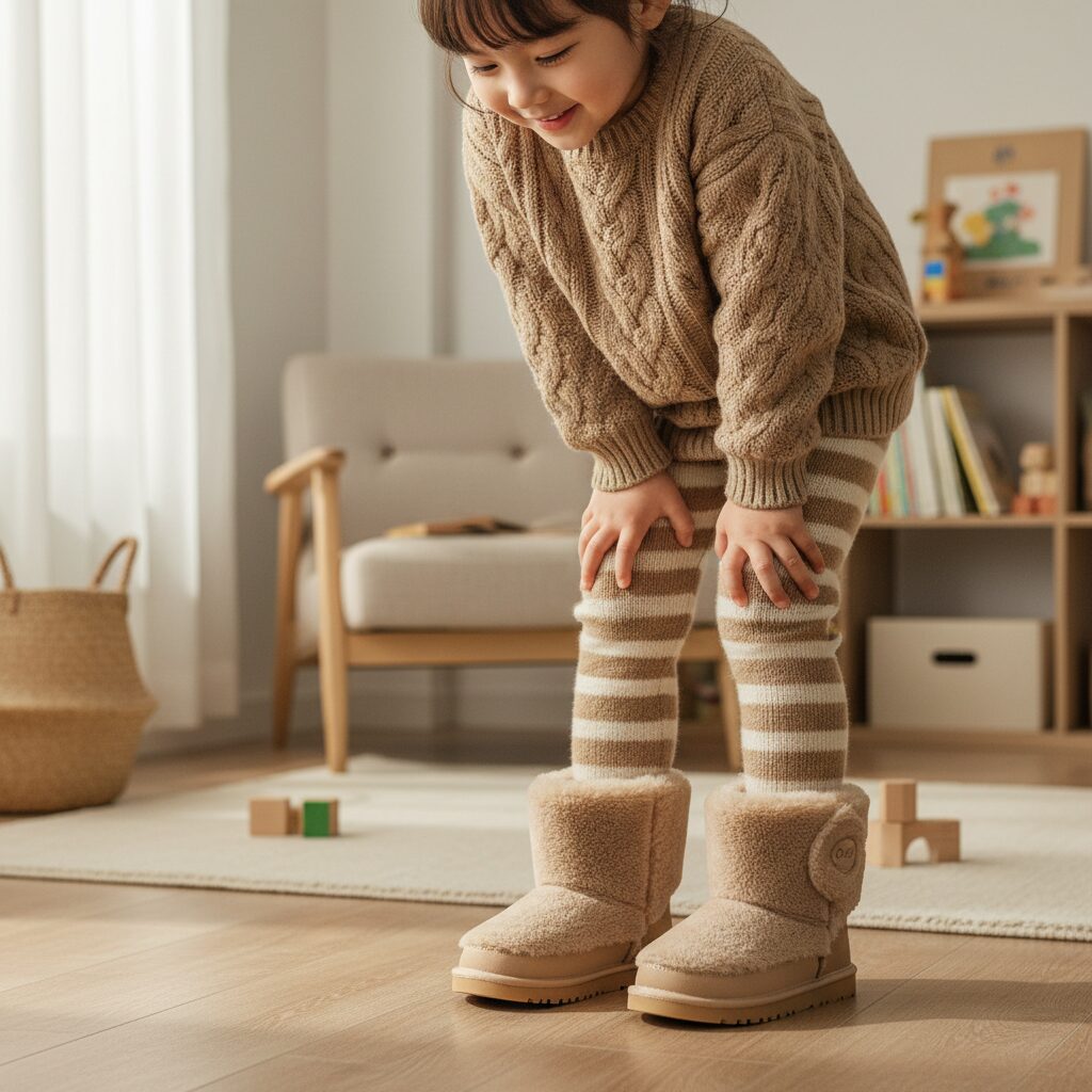 아이가 오즈키즈 베이지색 털부츠를 신고 있는 모습