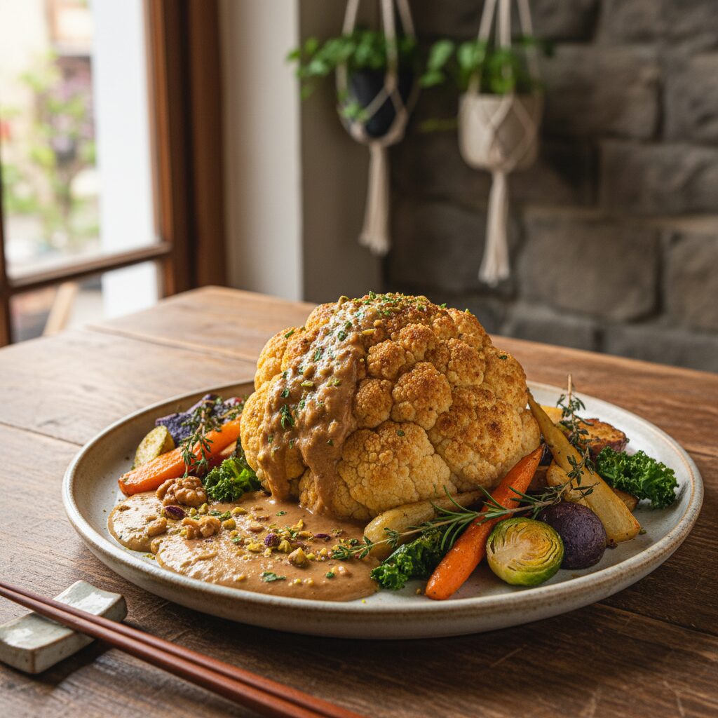 레귬 메인 요리 컬리플라워 구이, 견과류 소스를 곁들인 채소 요리