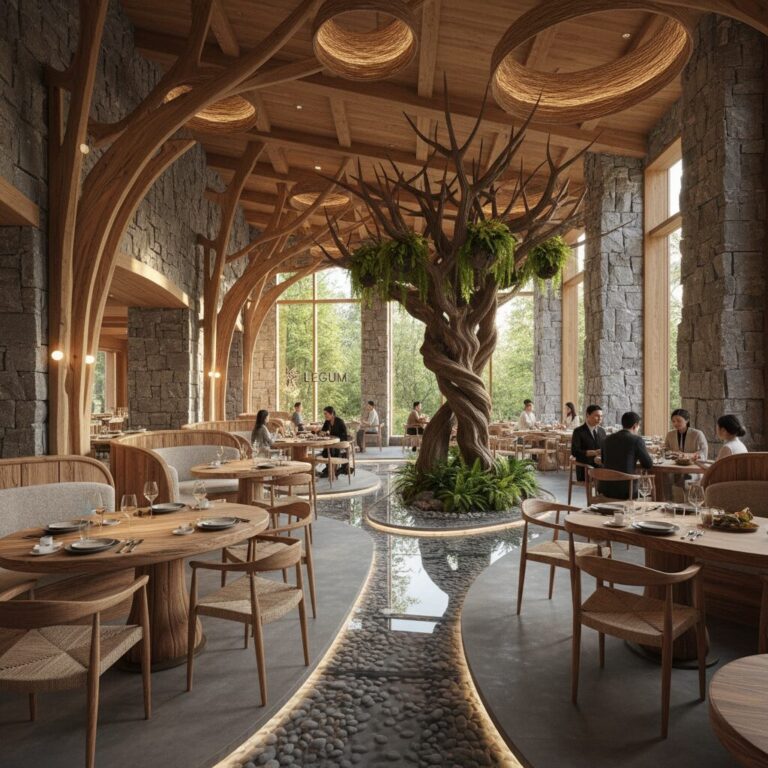 레귬 레스토랑 내부 인테리어, 나무와 돌로 꾸며진 모던하고 자연친화적인 공간