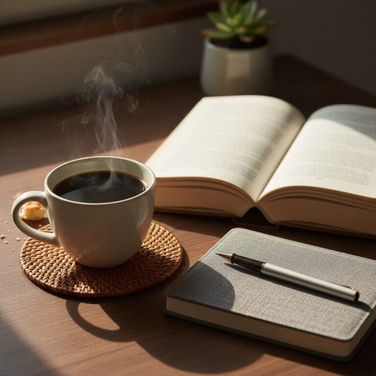 아침 책상 위에 커피와 책, 일기장이 놓여 있는 평화로운 모닝 루틴 사진