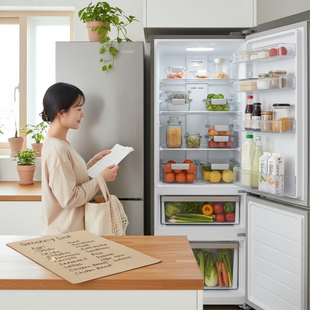 무지출 챌린지를 위한 장보기 리스트와 냉장고 정리 사진
