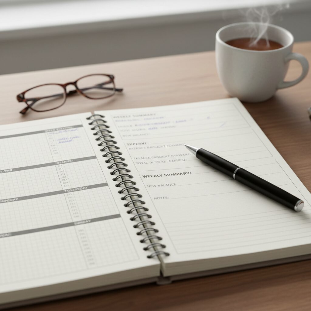 일주일 단위로 결산하는 가계부 노트와 펜 사진