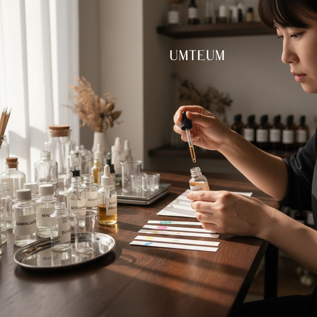 조향공간 움틈에서 향료를 블로터에 떨어뜨려 조합하는 과정