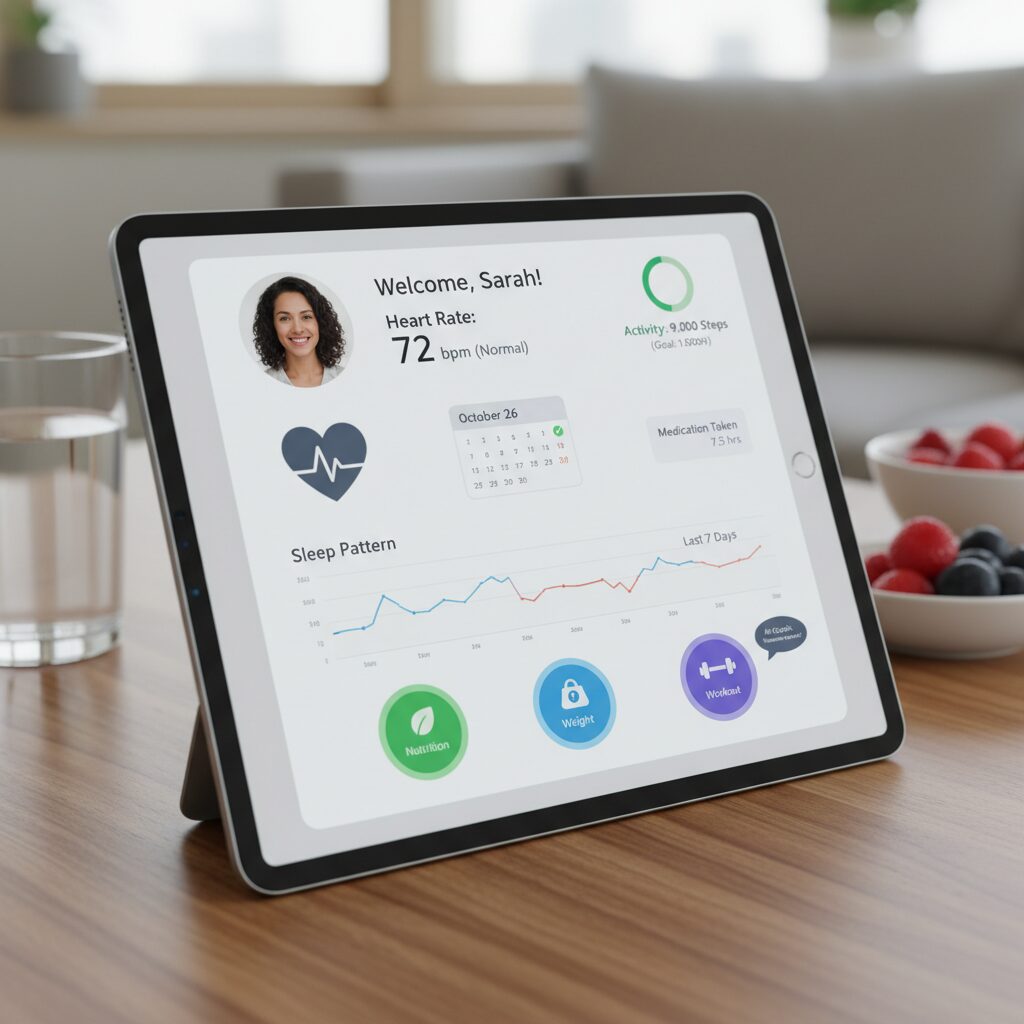 태블릿 화면에 나타난 개인 맞춤형 건강 관리 AI 어시스턴트 인터페이스