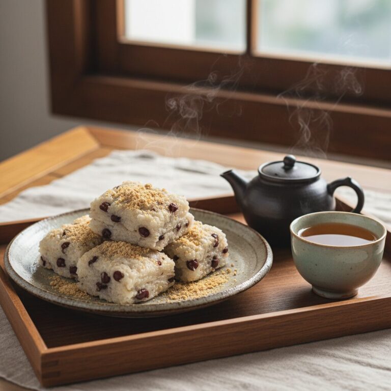 접시에 담긴 포슬포슬한 팥시루떡과 함께 찻잔이 놓여 있는 모습