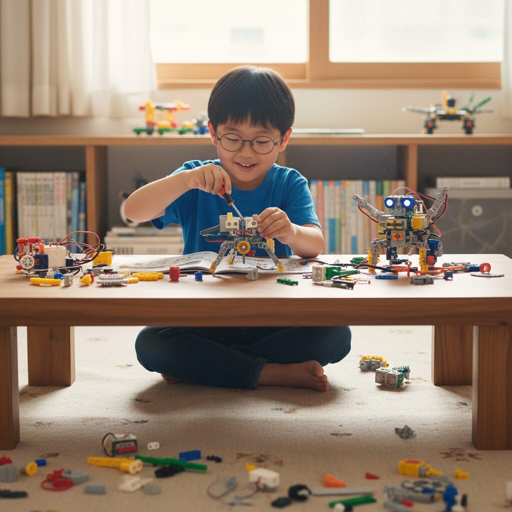 아이가 로봇 과학 교구를 조립하며 즐겁게 놀고 있는 모습
