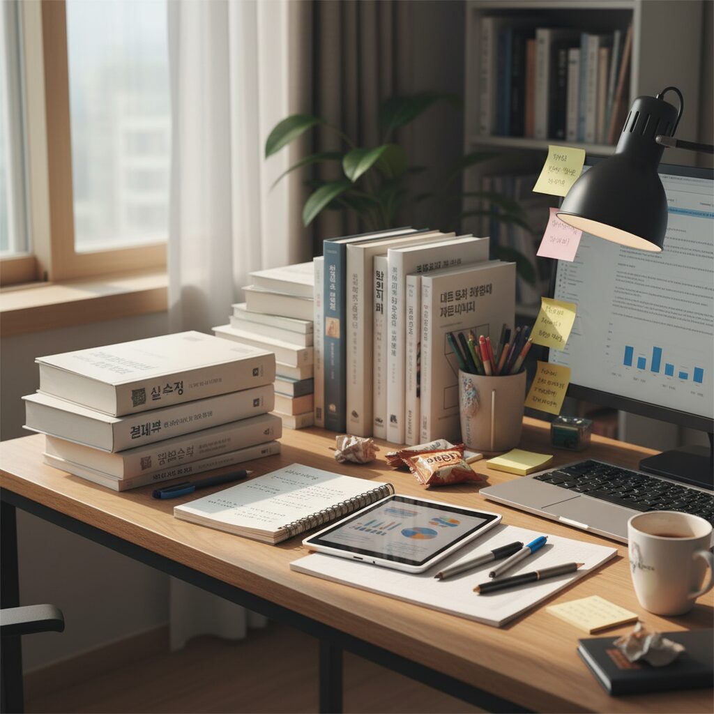 독학 학위제 시험 공부 책상 위에 교재와 필기구가 놓여 있는 모습