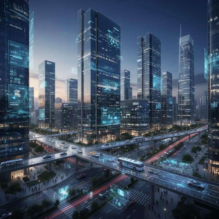 미래형 스마트 시티의 모습, 빌딩과 도로에 디지털 정보가 흐르고 자율주행차가 다니는 모습
