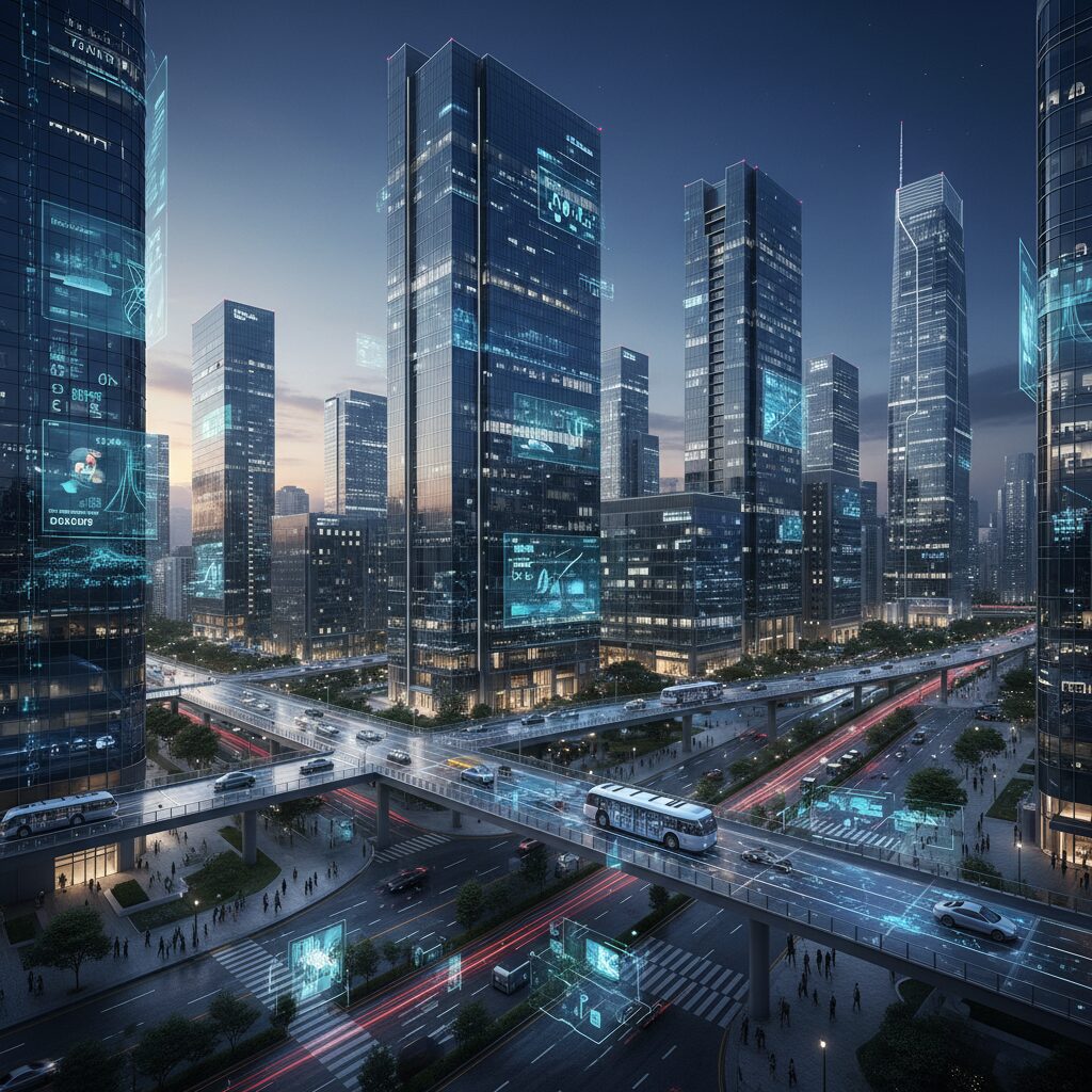 미래형 스마트 시티의 모습, 빌딩과 도로에 디지털 정보가 흐르고 자율주행차가 다니는 모습