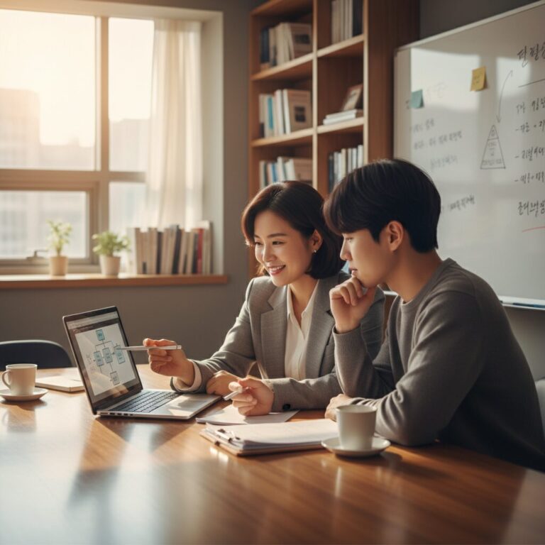 상담사와 학습자가 노트북을 보며 학위 계획을 상담하는 모습