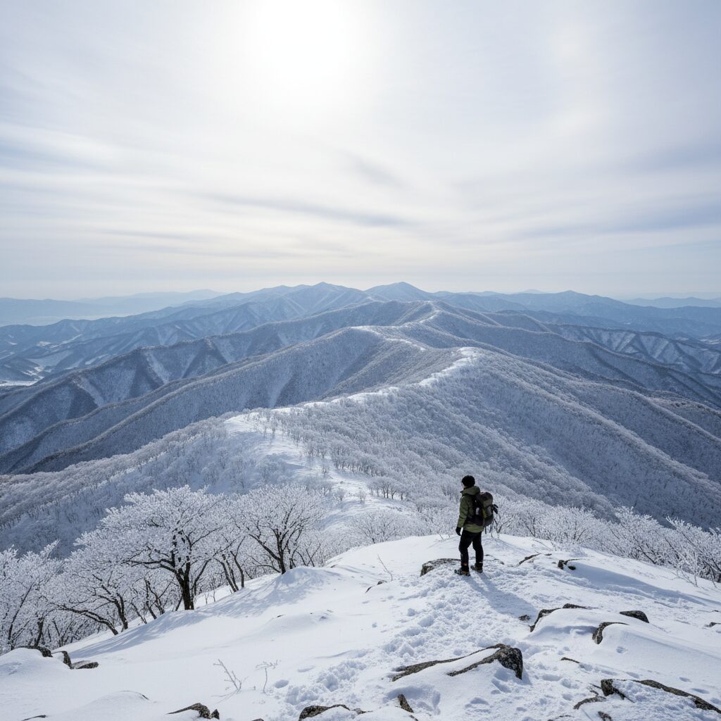 태백산 장군봉에서 바라본 눈 덮인 겨울 산능선 경치
