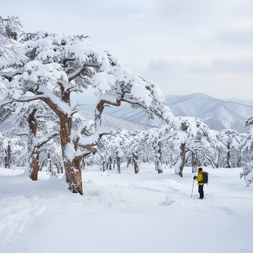 태백산 눈 덮인 주목나무 군락 겨울 풍경