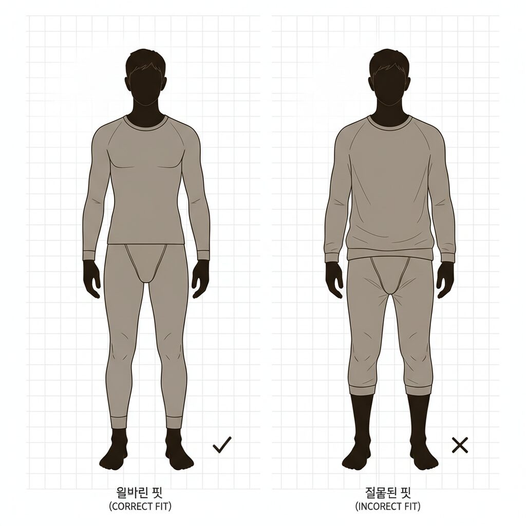 올바른 발열내의 핏과 잘못된 핏의 비교 실루엣 그림