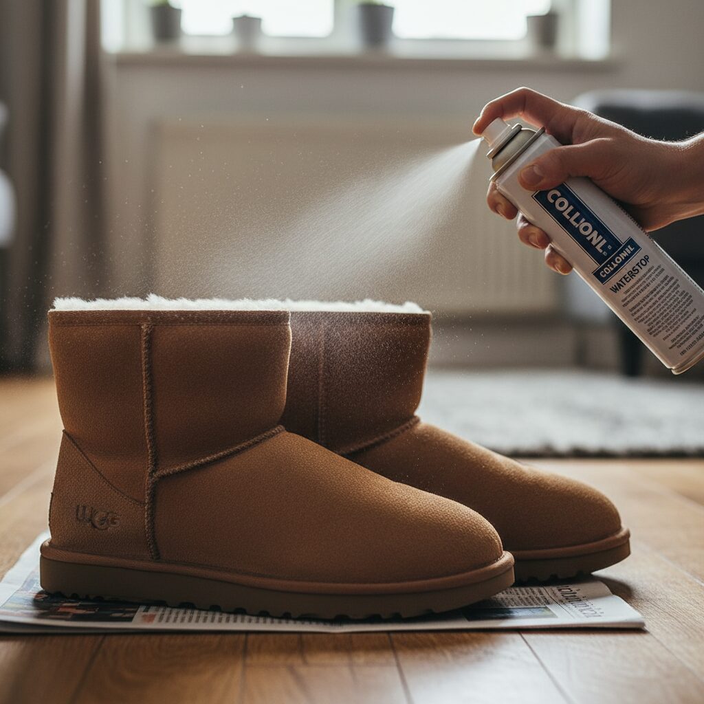 콜로닐 방수 스프레이를 어그 부츠에 뿌리고 있는 모습