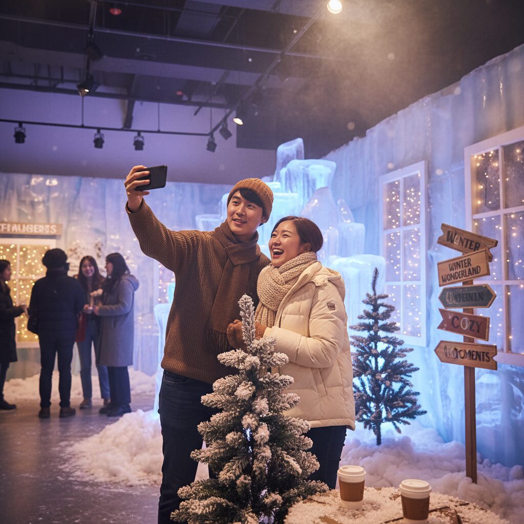 겨울 실내 데이트 팝업스토어에서 사진 찍는 커플