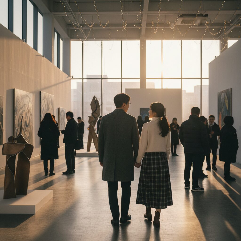 연말 전시회 데이트를 즐기는 커플의 뒷모습