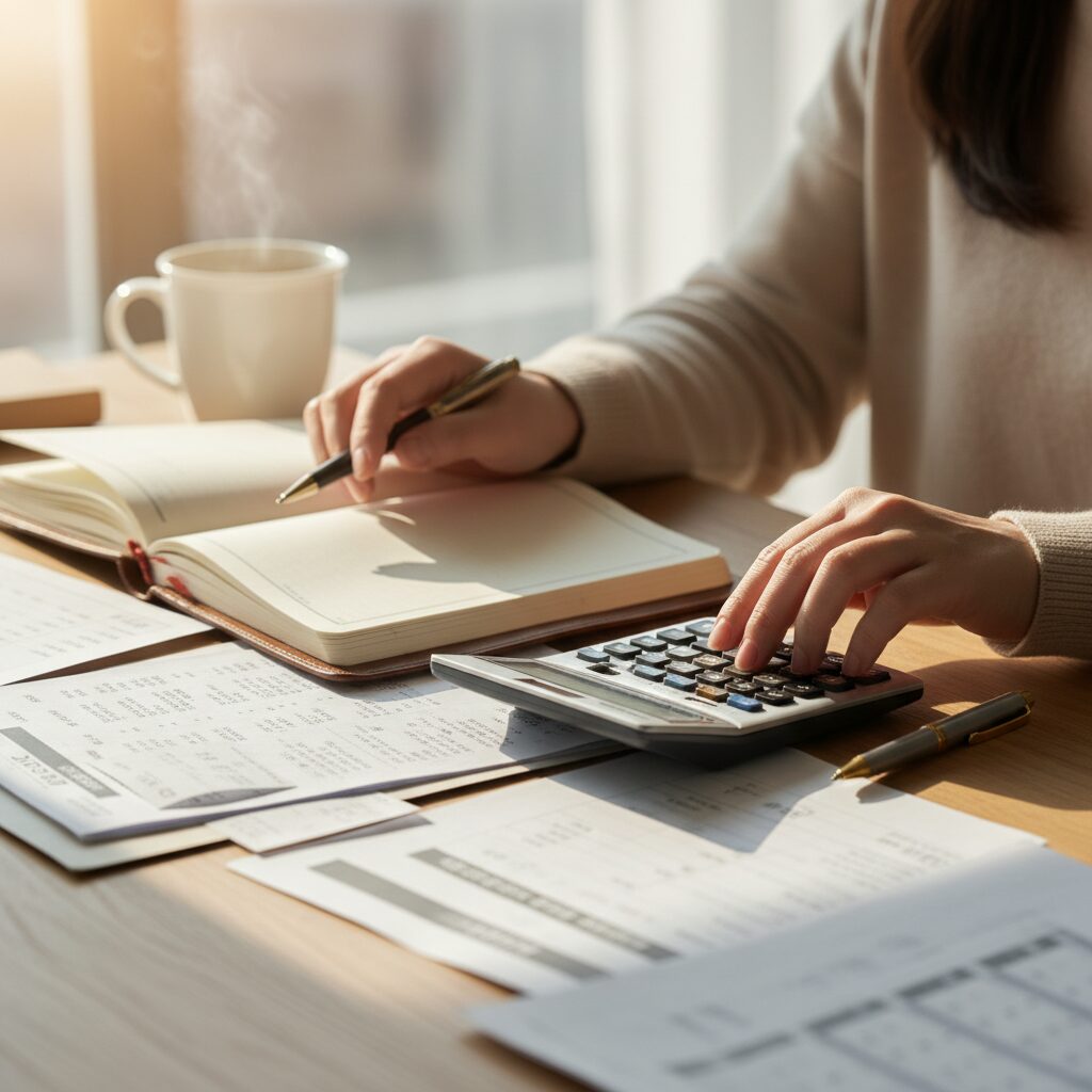 다이어리와 계산기로 연말정산 계획을 세우는 여성의 손