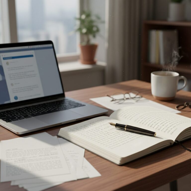 노트북 옆에 손으로 쓴 공책과 만년필이 놓여 있는 책상 위 모습