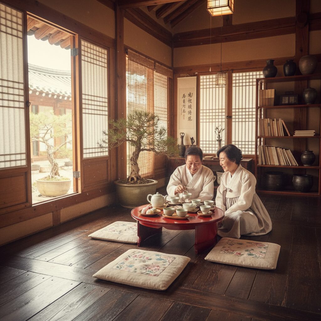 용인 아리랑도원 한옥 카페 내부 전통적인 인테리어